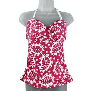 Anne Cole Tankini Swimsuit Top L Hot Pink White Paisley Twist Front Corset Back